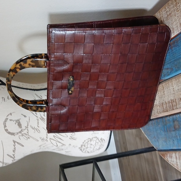 Mulberry Brown Woven Leather Handbag with Tortoiseshell Handles - Picture 1 of 5